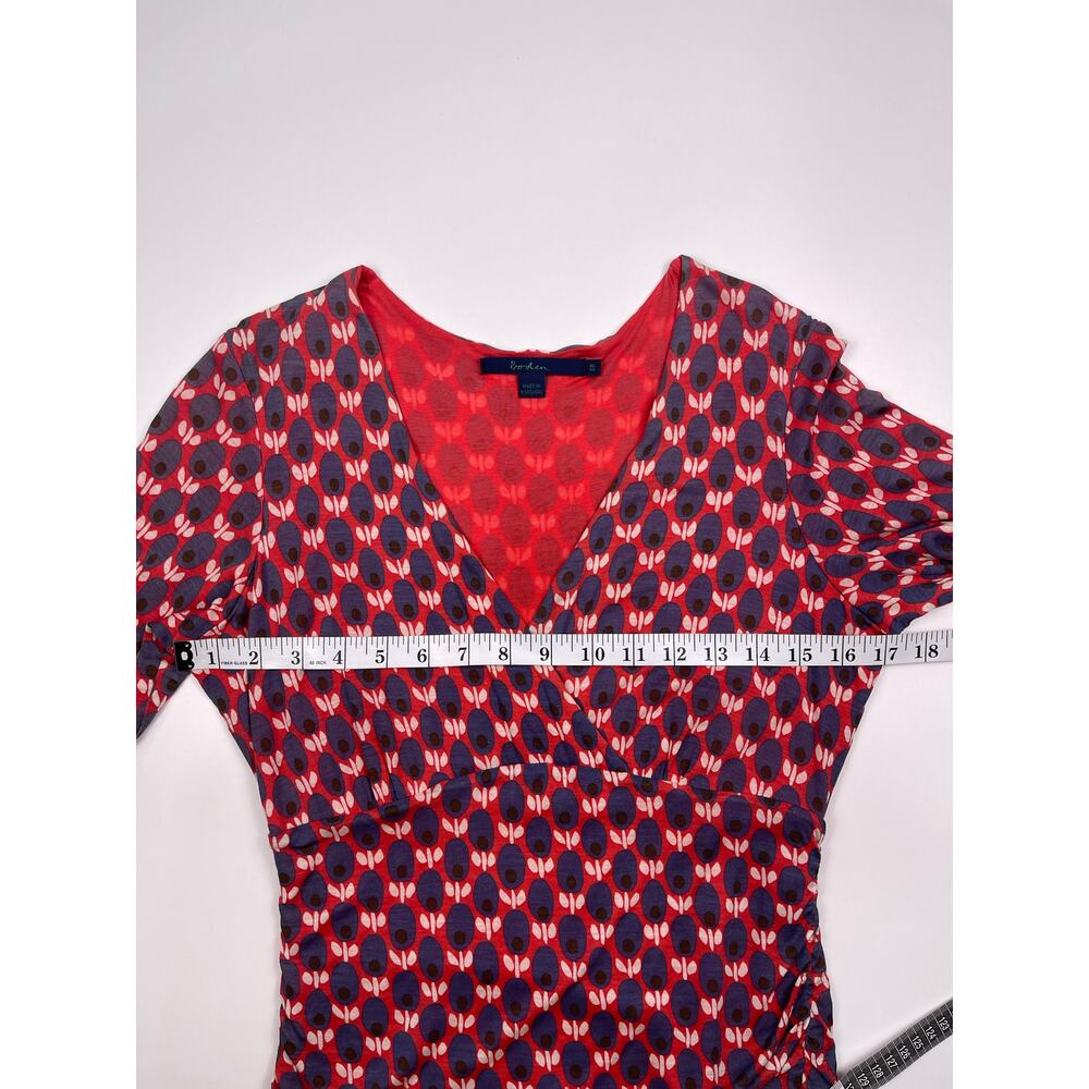 Boden Red & Navy Geometric Print Midi Dress Size 8R V-Neck Ruched Waist - Picture 8 of 10